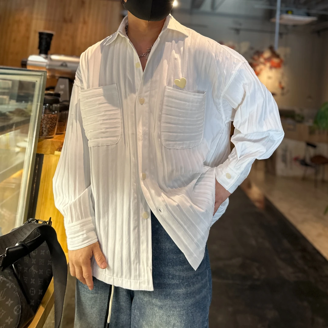 金先生早秋褶皱感竖条纹休闲阔版潮流衬衣长袖