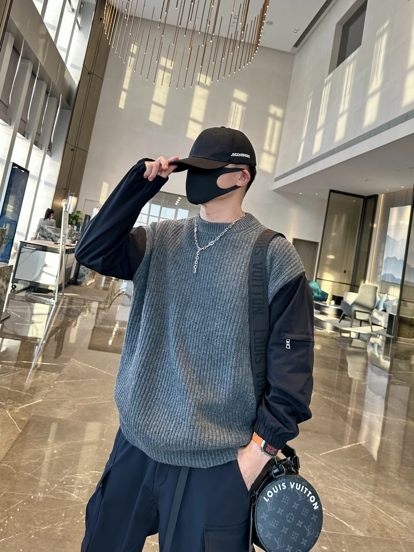 金先生百搭休闲棉毛拼接高织高密圆领针织宽松套头毛衣