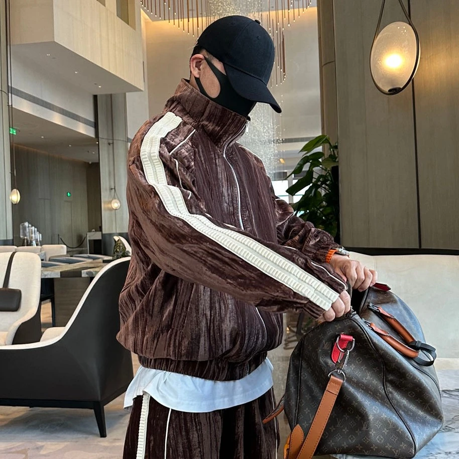 金先生压花肌理纹宽松时尚洋气条纹拼接连帽卫衣外套