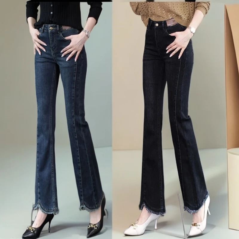 2024新款四面弹鱼尾时尚修身显瘦微喇叭牛仔裤春秋高腰开叉小个子
