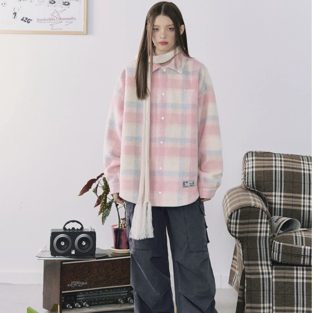 F426大格子毛呢外套男女同款春秋小香风宽松夹克 5277