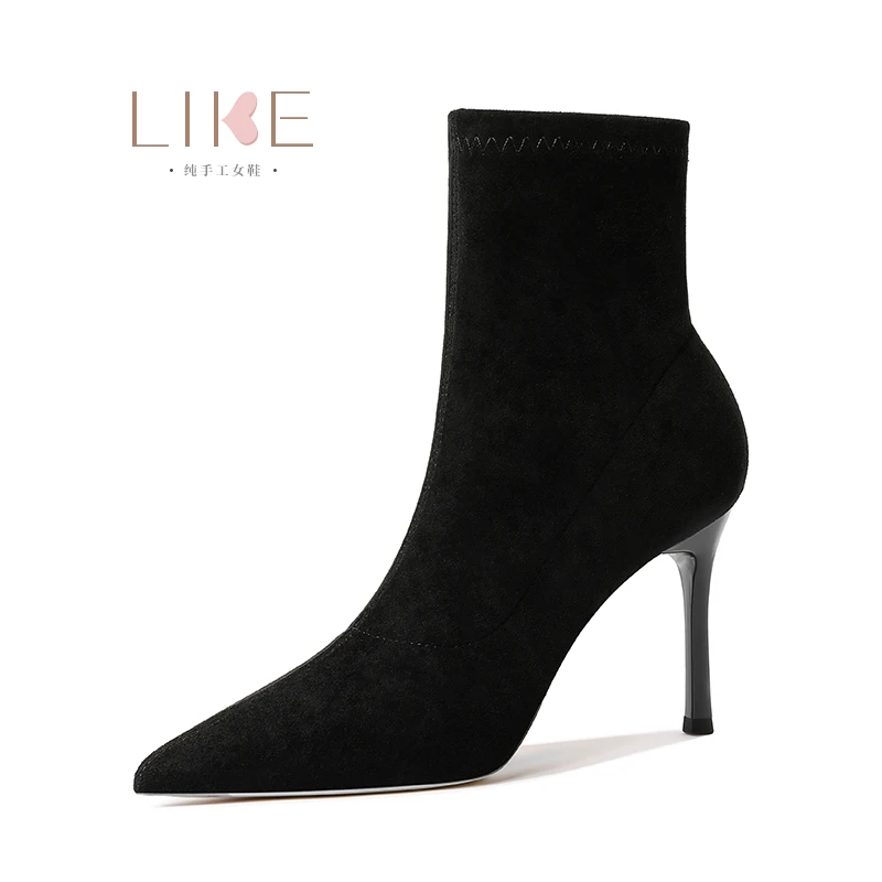 黑色高跟女短靴2025年秋冬季新款气质尖头时尚细跟百搭弹力瘦瘦靴