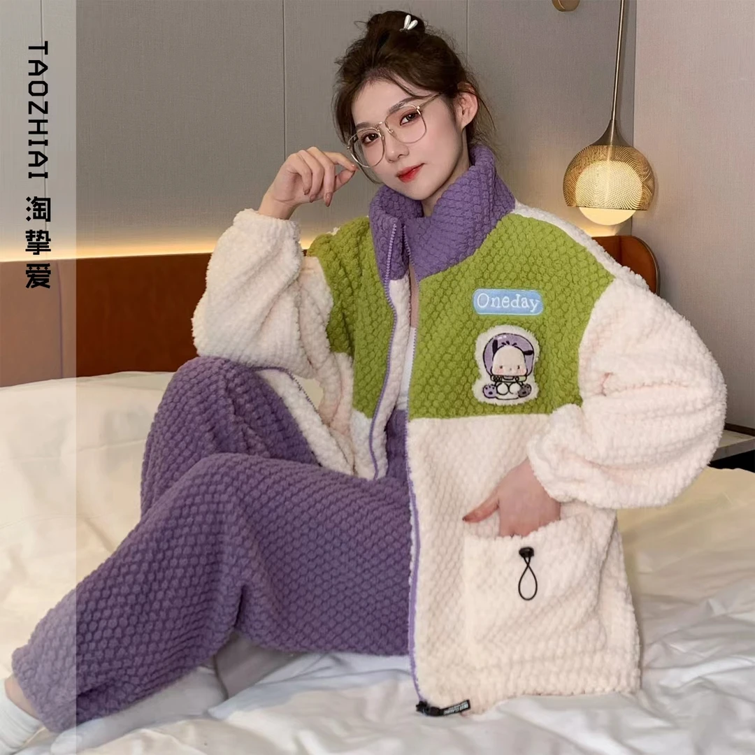 淘挚爱秋冬珊瑚绒长袖加绒套装睡衣女保暖家居服套装23006