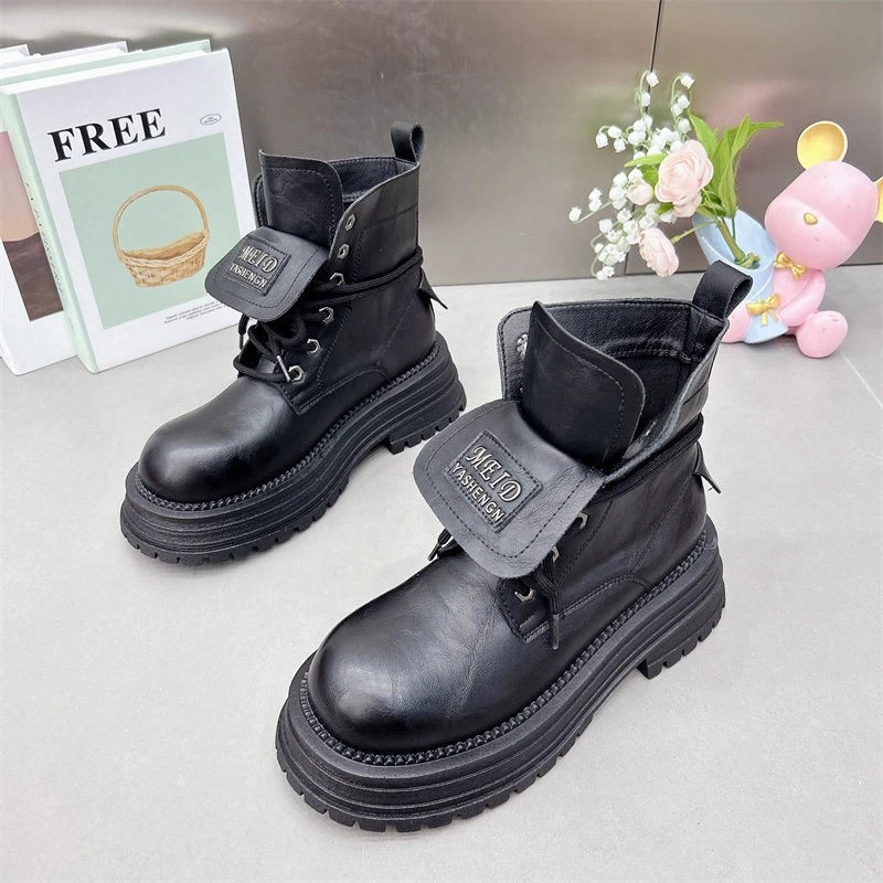 复古短靴女2024秋冬新款翻领厚底百搭马丁靴机车工装粗跟大黄靴子