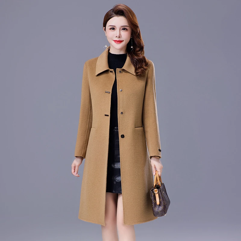 双面羊毛大衣女中长款2025新款驼色双面呢子中年妈妈秋冬毛呢外套