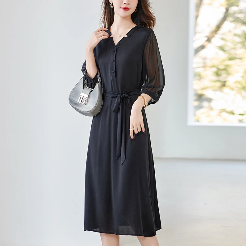 高端连衣裙女2025新款夏季弹力缎双乔气质V领设计感桑蚕丝裙