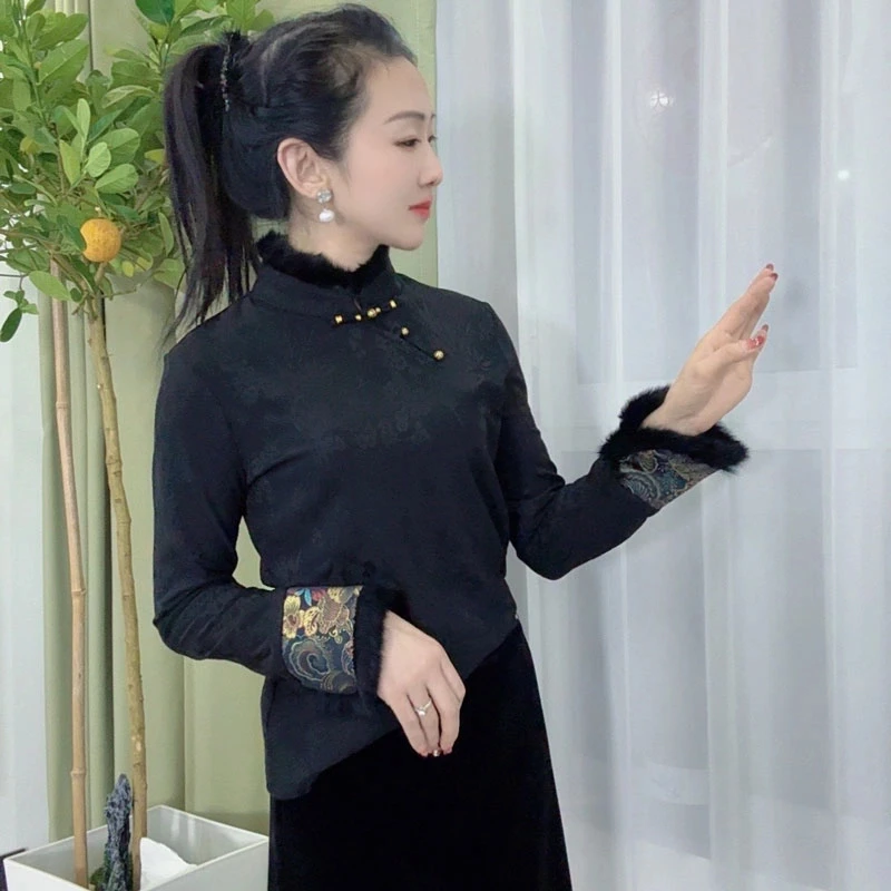 （兔毛话蝶）新中式国风拼接兔毛秋冬新款百搭保暖加绒打底衫