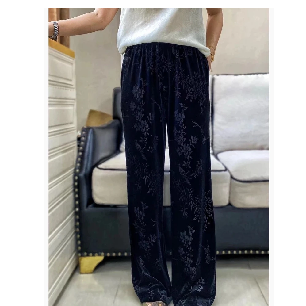 （裤王）新中式时尚休闲宽松重工压花百搭加绒直筒裤国风女裤