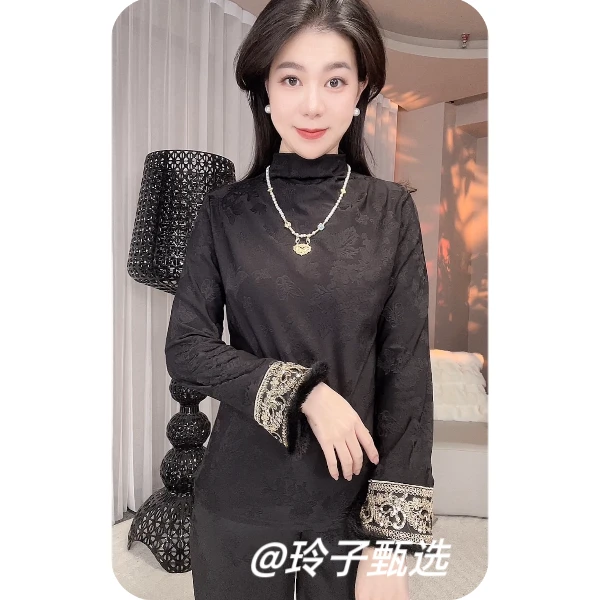 （中式小衫）秋冬薄绒加厚国风打底上衣新中式高领绣花长袖T恤女