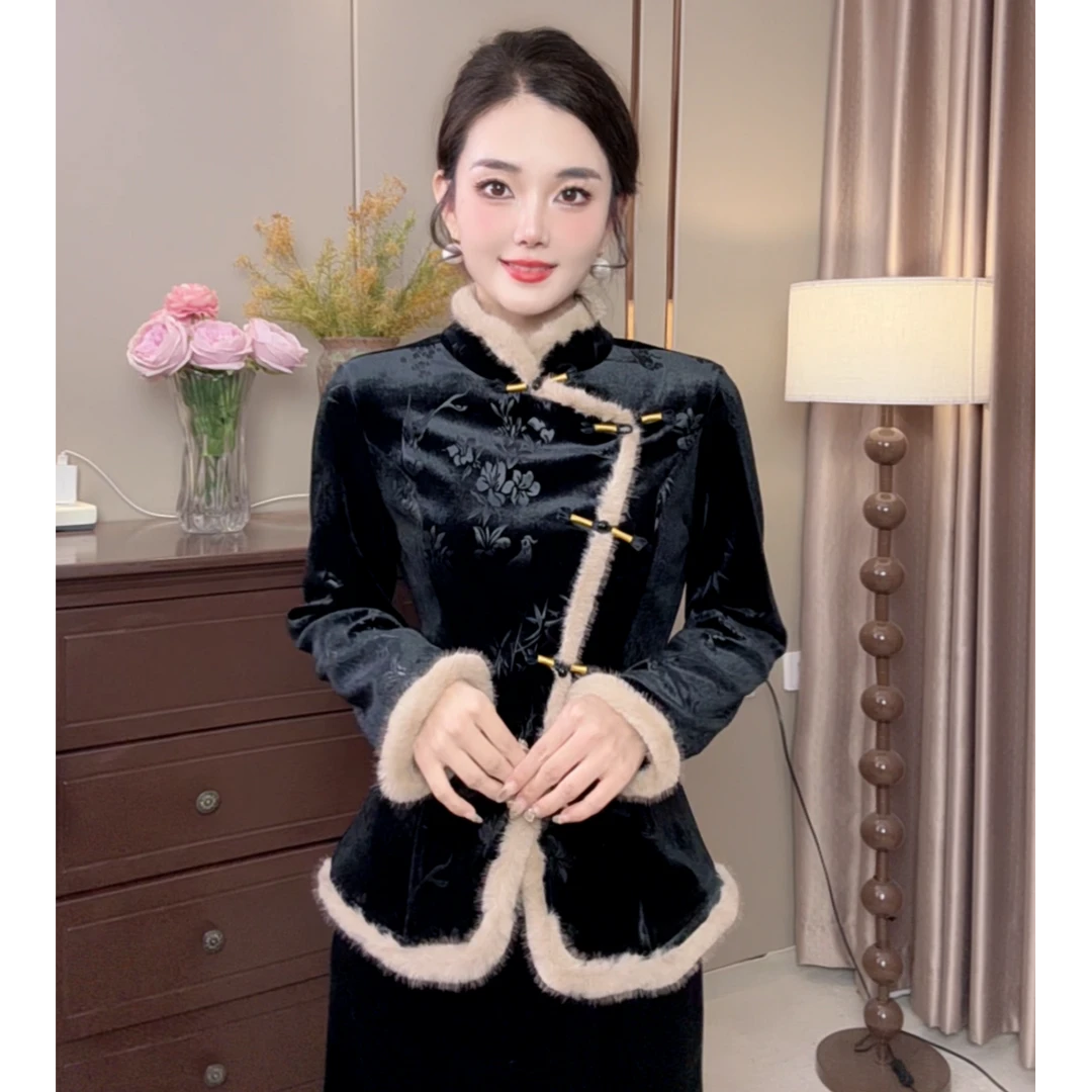 （貂蝉）新中式国风盘扣立领轻奢时尚复古百搭显瘦加绒款黑色上衣