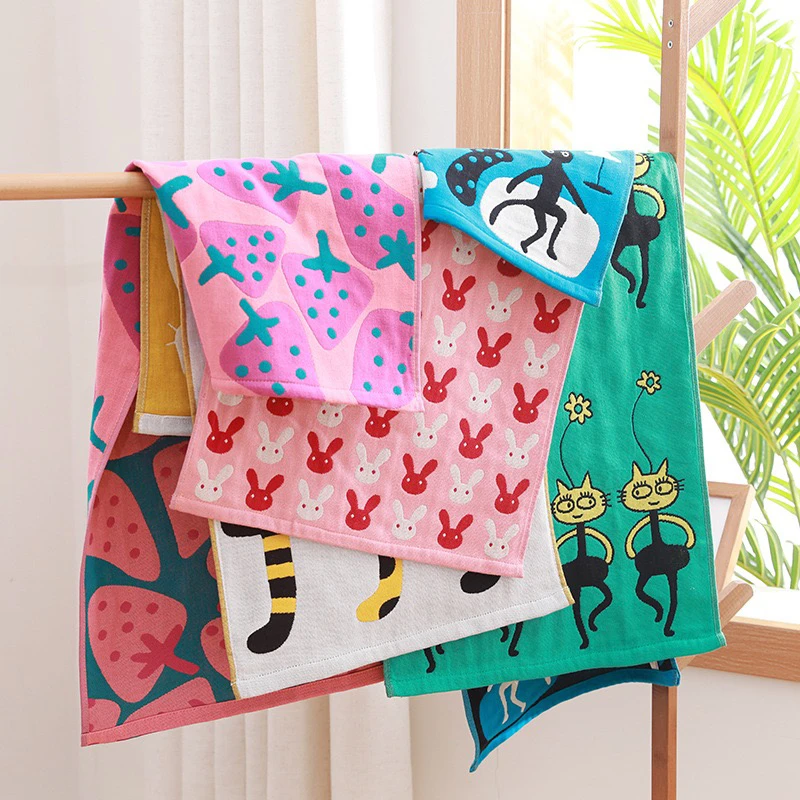 3条34×74花色随机三层纯棉纱布毛巾柔软成人家用可爱面巾吸水洗脸