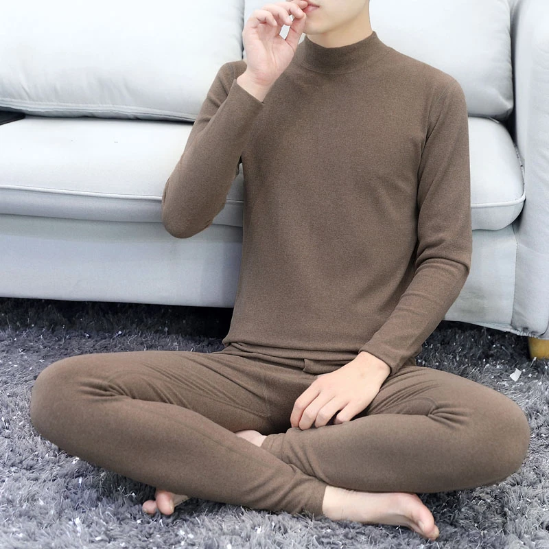 【珂卡驰】冬季保暖内衣男半高领薄绒无痕中领双面磨毛秋衣秋裤套装
