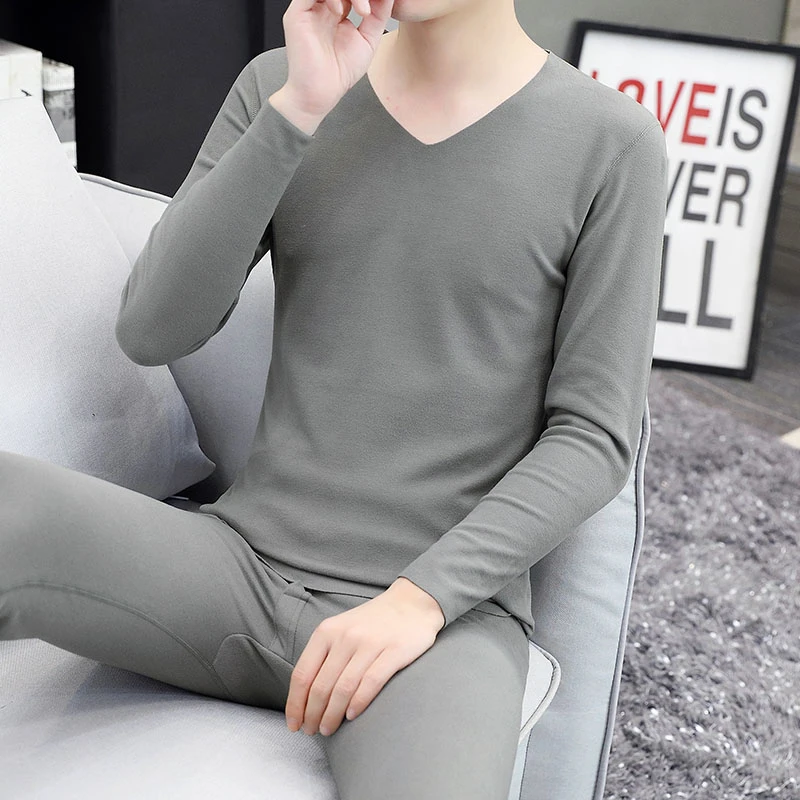 男士薄绒保暖内衣V领打底衣双面磨毛秋衣秋裤薄款无痕无边棉毛衫