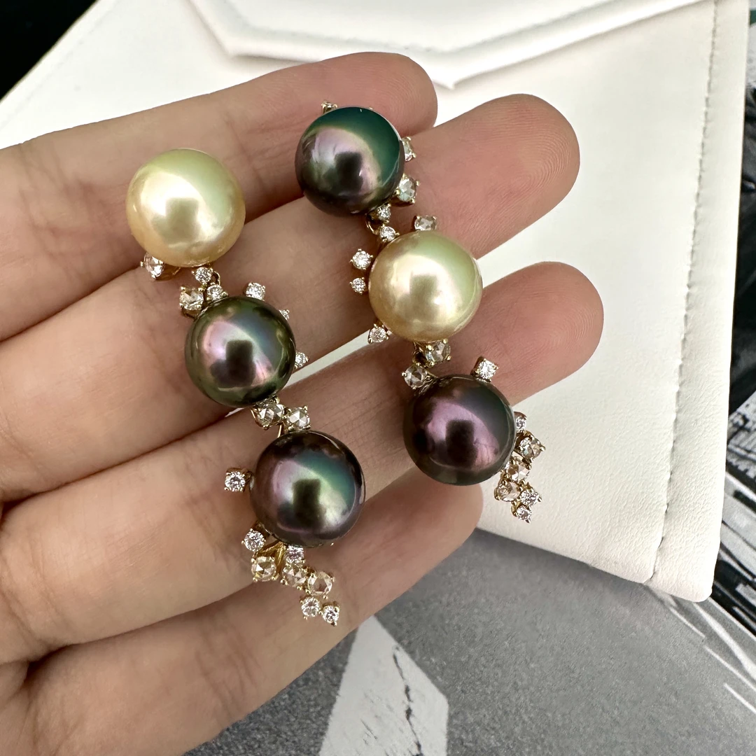 18k金钻石南洋珍珠耳坠 海水珍珠耳坠 大溪地南洋金珠 时尚百搭