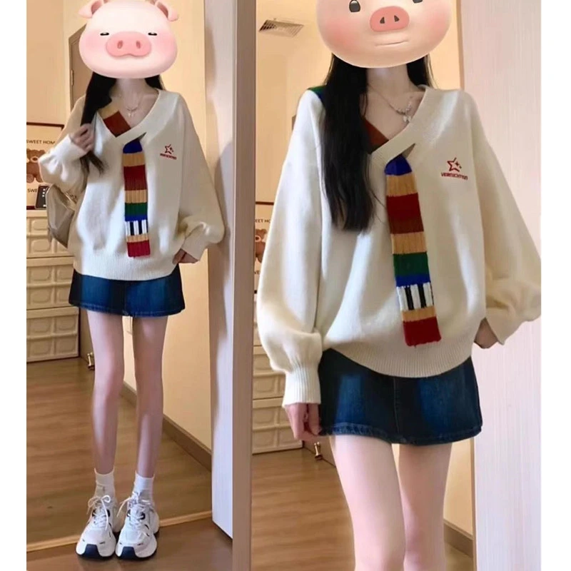 彩虹毛织拼接V领毛衣女秋冬新款时尚百搭宽松减龄慵懒针织打底衫