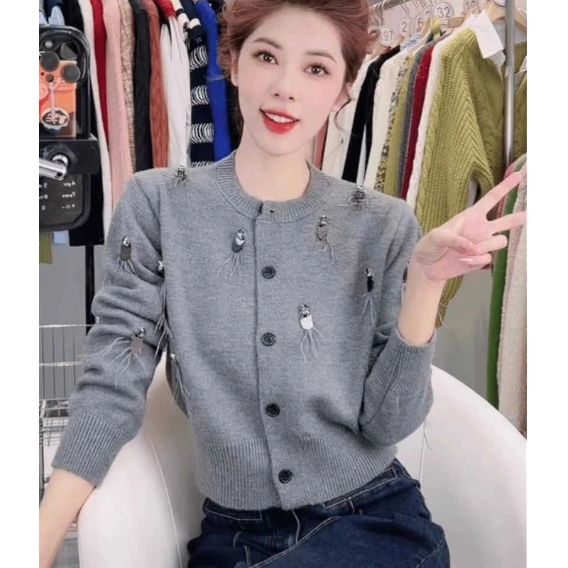 法式小香风流苏羽毛亮片针织开衫女短款洋气时尚百搭毛衣外套女潮