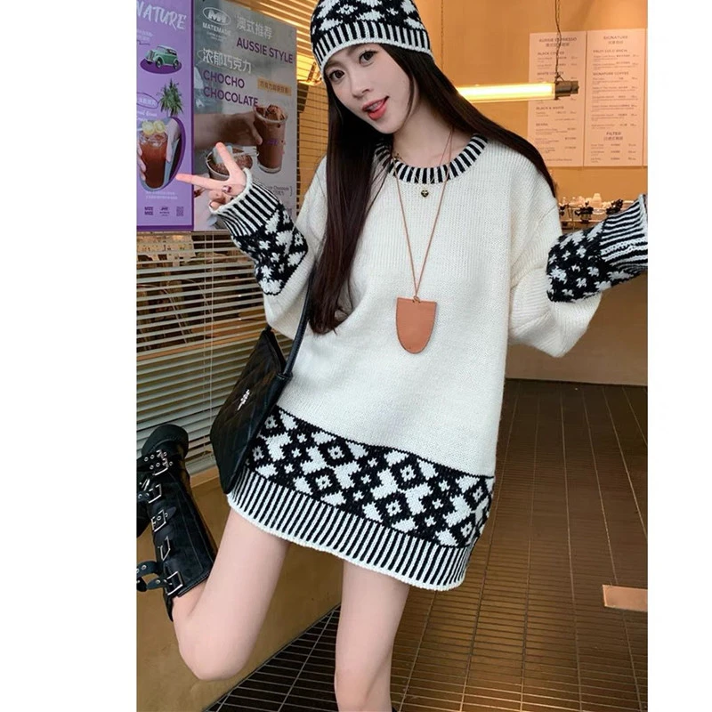 {送帽子}费尔岛撞色提花针织毛衣女秋冬新款软糯宽松慵懒风打底衫