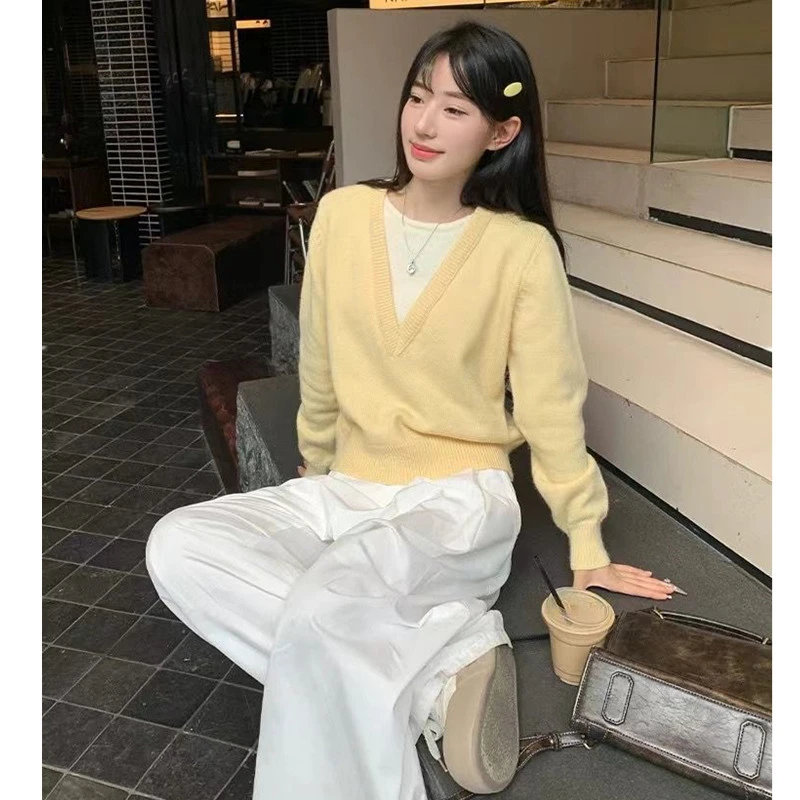 20251黄色拼接假两件撞色v领毛衣女早秋宽松设计感小众针织衫上衣