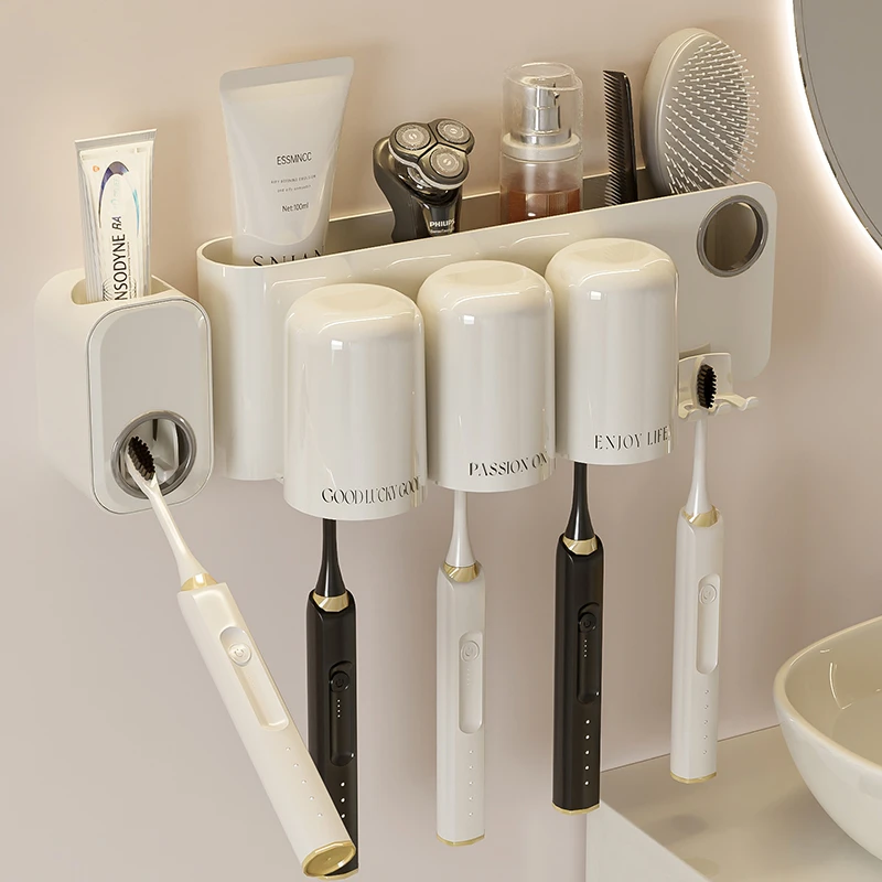牙刷置物架卫生间免打孔壁挂式挤牙膏神器电动牙刷牙具漱口杯挂架
