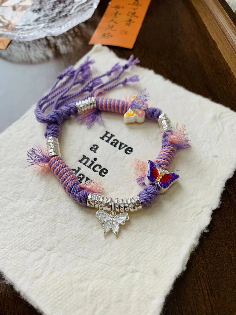 925银手链 925银手链【臻银坊】多彩蝴蝶 盘缠DIY彩绳国风 原创设计