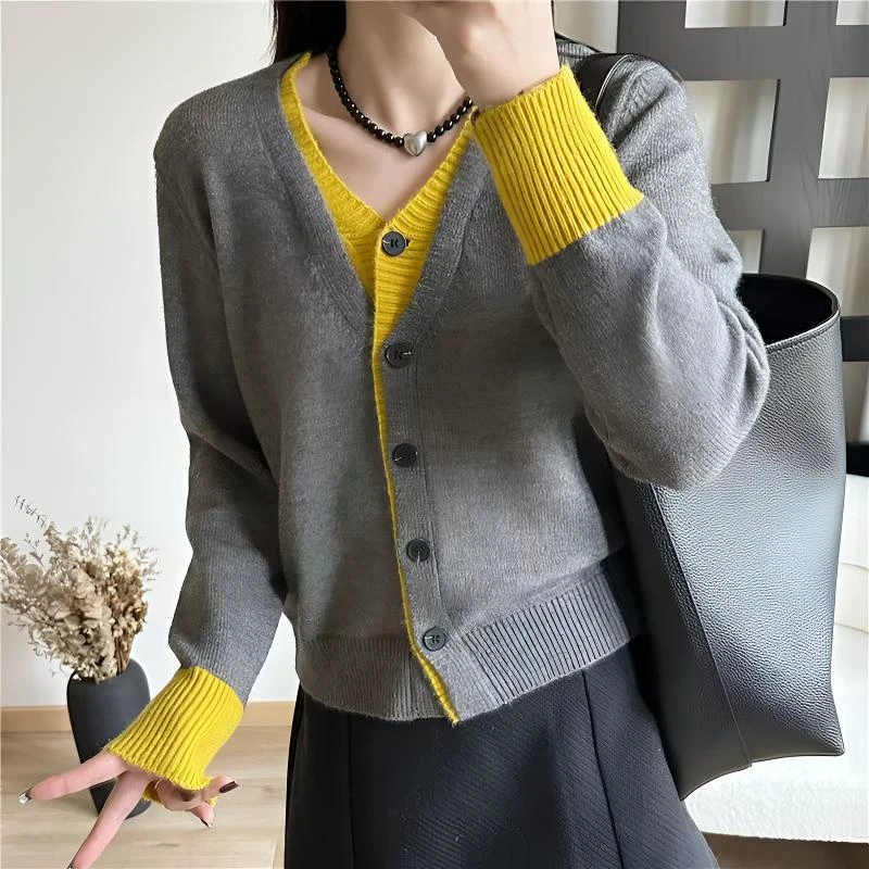 撞色拼接单排扣长袖针织开衫女秋冬新款修身洋气百搭毛衣外套