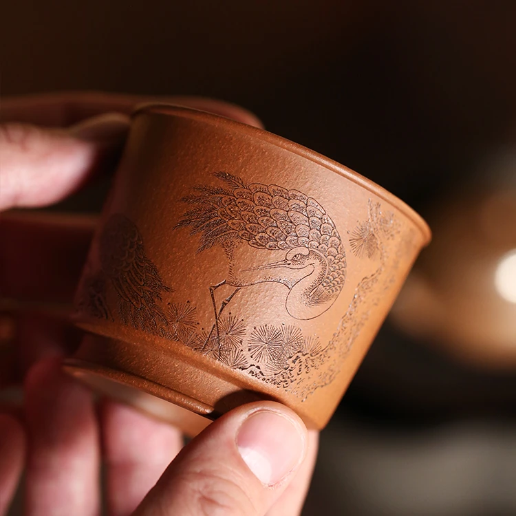 杯研所 | 松鹤乐寿 容天杯 老段泥 140c 精工宋画陶刻 精品紫砂杯