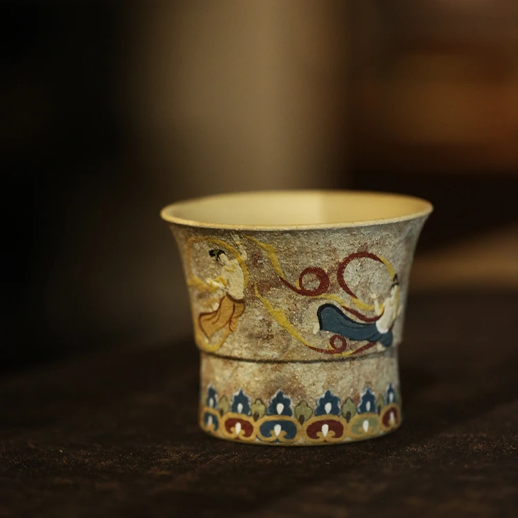 杯研所 | 敦煌 飞天仕女本山绿泥120c 藻井纹 精品手绘紫砂主人杯