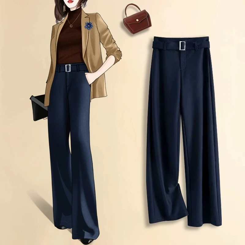 藏青色阔腿裤女秋季2025新款微喇高腰西裤子直筒女裤垂感西装裤
