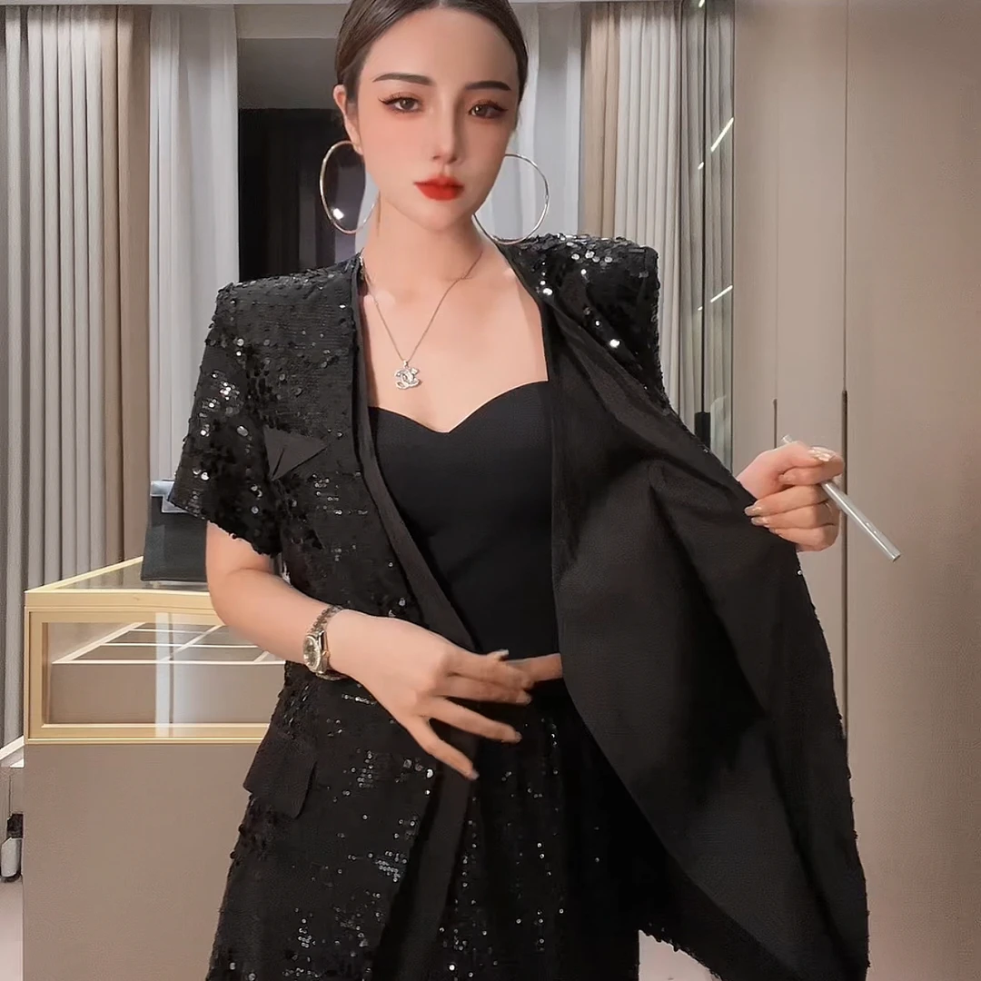 炸库存-正版重工高品质奢侈亮片短袖时髦气质女外套7107