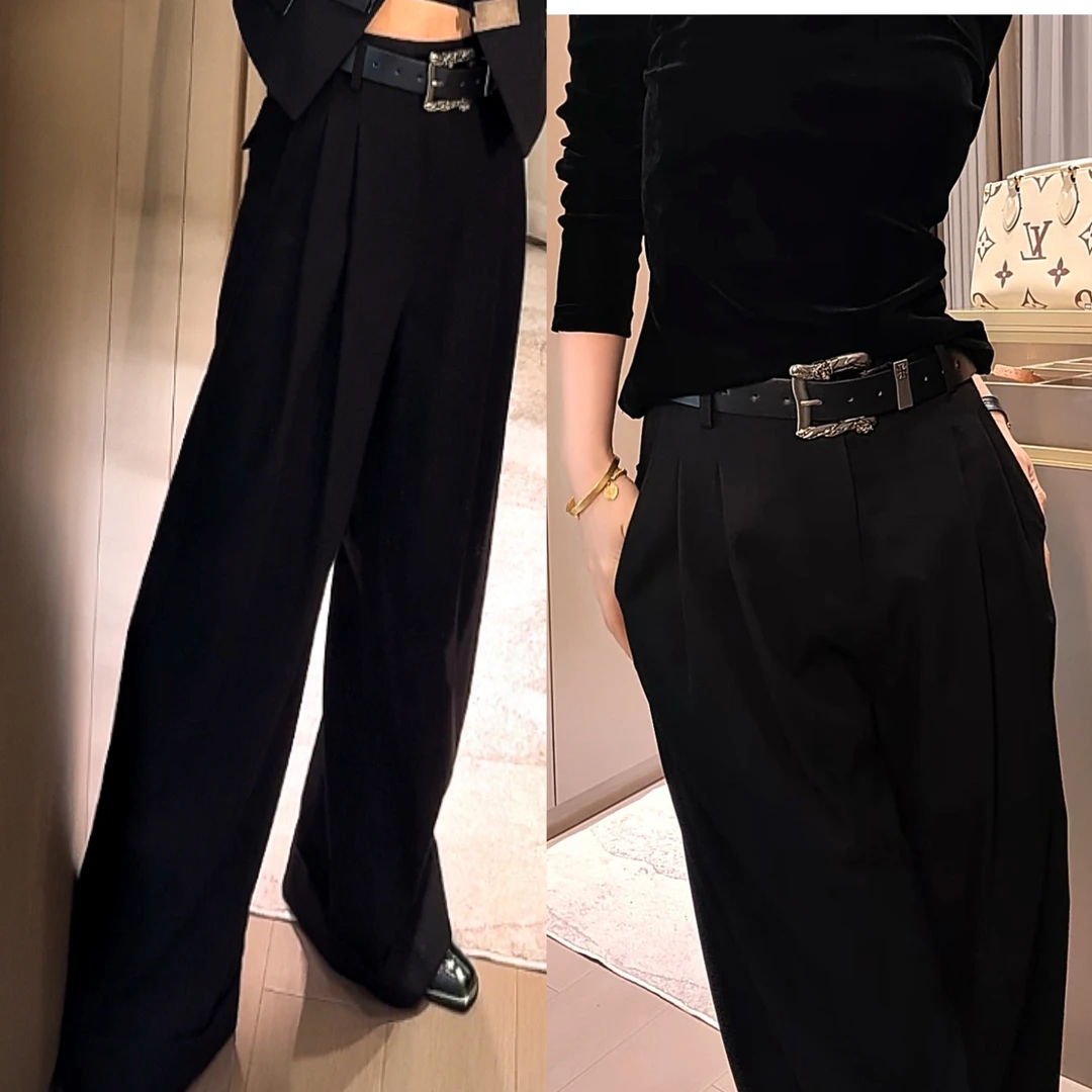 莎火火-春装新款高腰显瘦直筒阔腿裤垂感拖地裤子女送腰带9979
