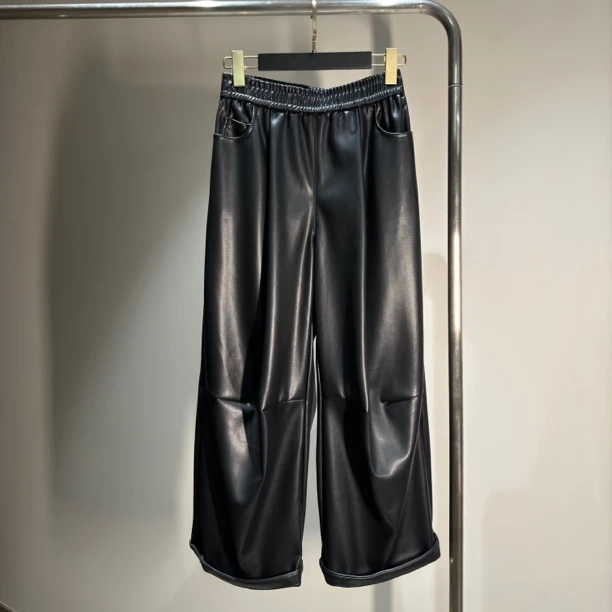 炸库存卖-透气皮裤纯色秋冬拼接休闲裤简约黑色INS风女士k296