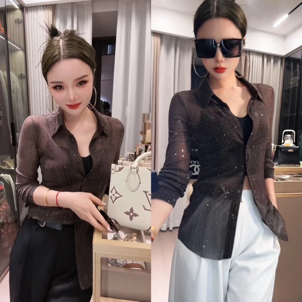 断码炸-女装轻薄修身显瘦气质衬衫亮丝高弹力女上衣9908