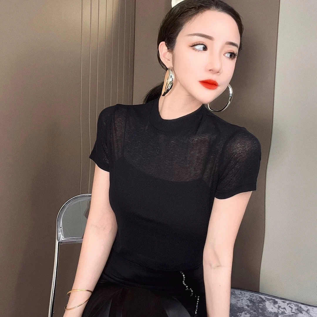 ①简欧轻奢高端女装显瘦短袖t恤洋气时尚简约微透中领百搭上衣8888
