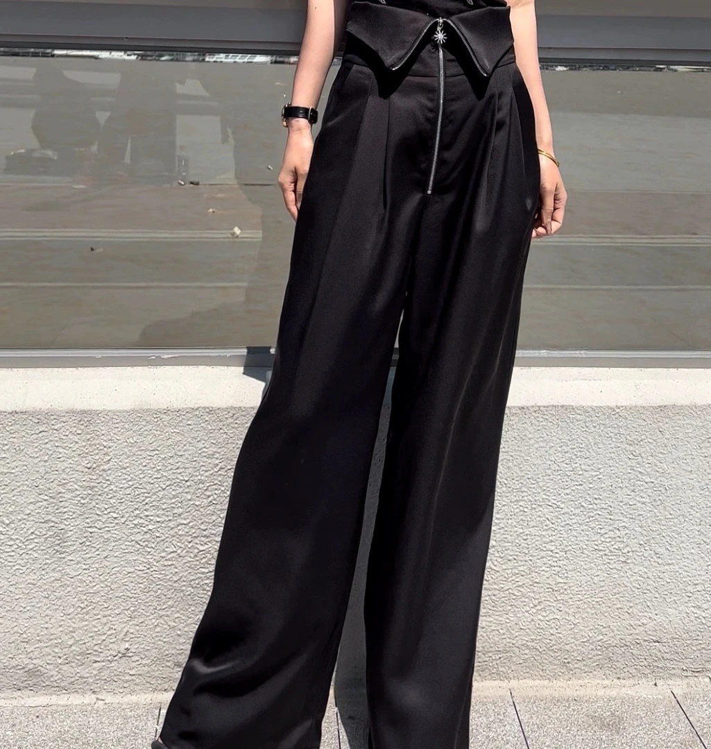 炸仓库-高腰醋酸阔腿裤拖地裤子