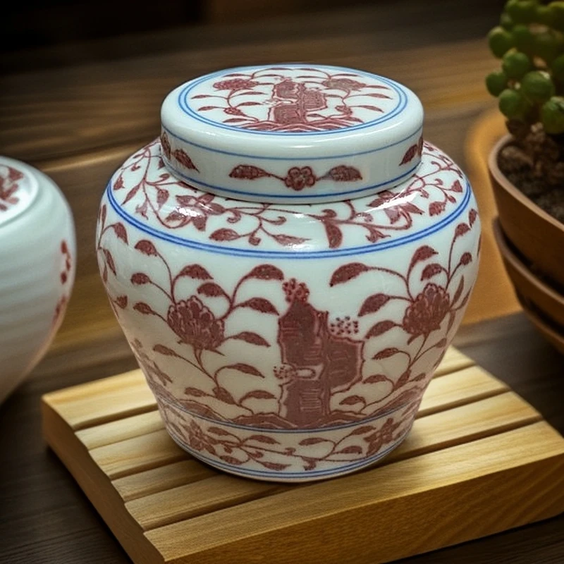 釉里红手工手绘茶叶灌