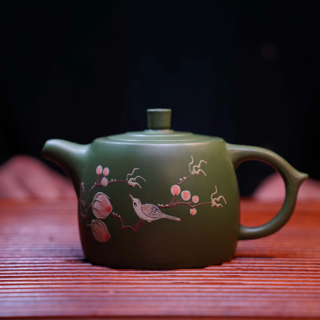 纯手工绿泥小鸟井栏壶