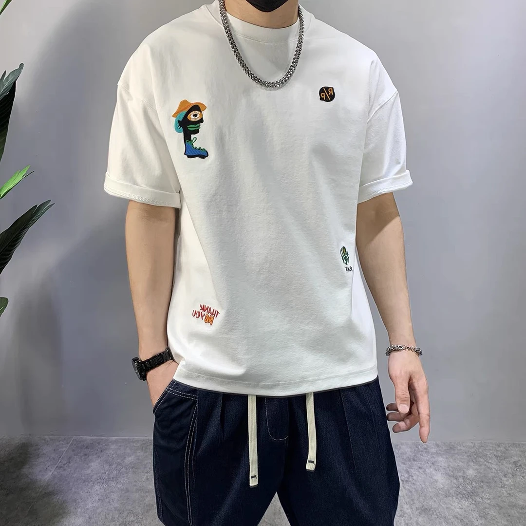夏季型男潮牌创意刺绣短袖重磅高端棉品质T恤微宽松痞帅时尚半袖