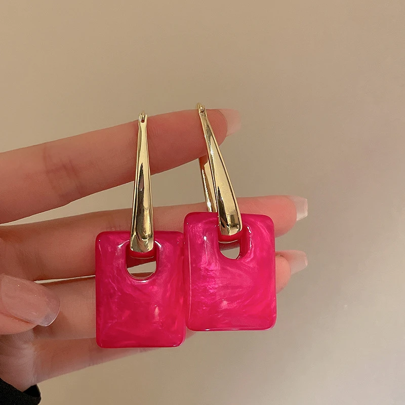 铜合金珐琅耳饰 时尚气质百搭法式耳环女玫红色小众轻奢简约个性