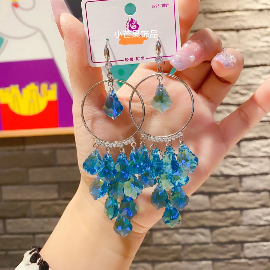 合金仿水晶耳饰 蓝色轻奢夸张大圆圈耳钩耳环女时尚欧美长款流苏