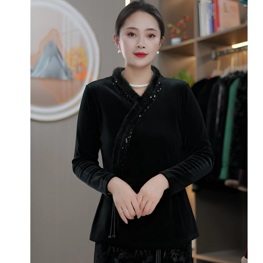 新款加绒加厚丝绒毛毛拼接立领盘扣亮钻打底衫女秋冬减龄上衣女