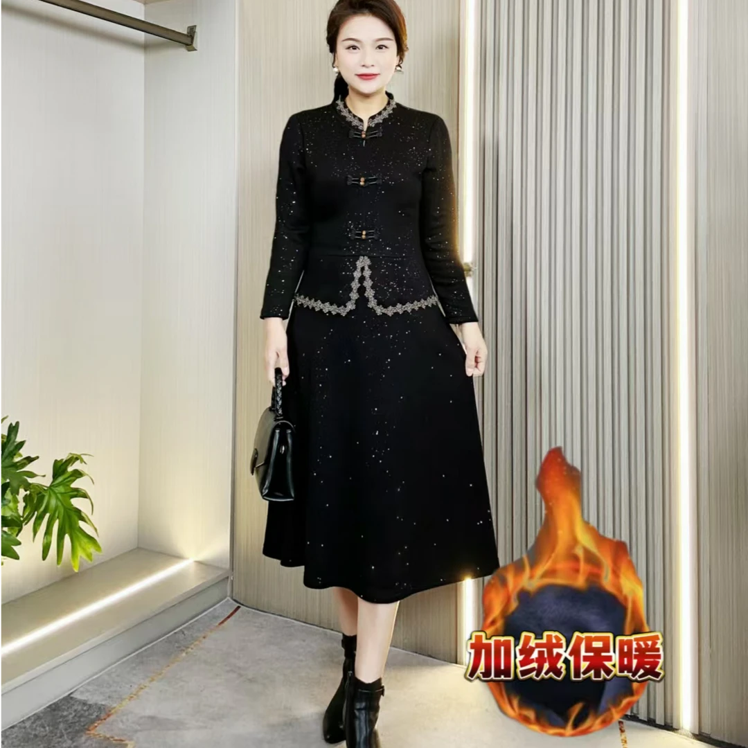 秋冬新款妈妈装亮晶晶连衣裙新中式国风加绒保暖大码宽松显瘦气质