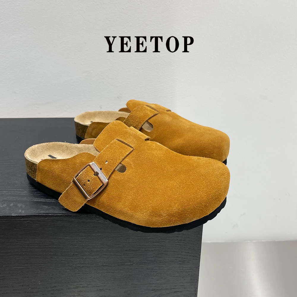 真皮复古勃肯鞋半拖木头底男鞋厚底百搭休闲外穿包头拖鞋情侣款