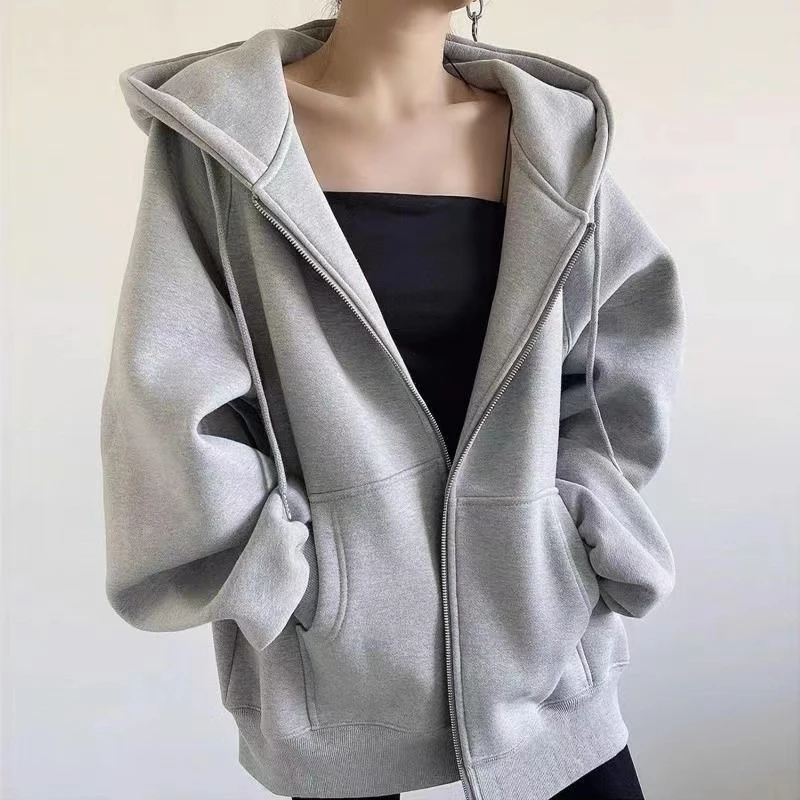 加绒加厚外套女秋冬新款oversize大码宽松拉链开衫卫衣连帽上衣女