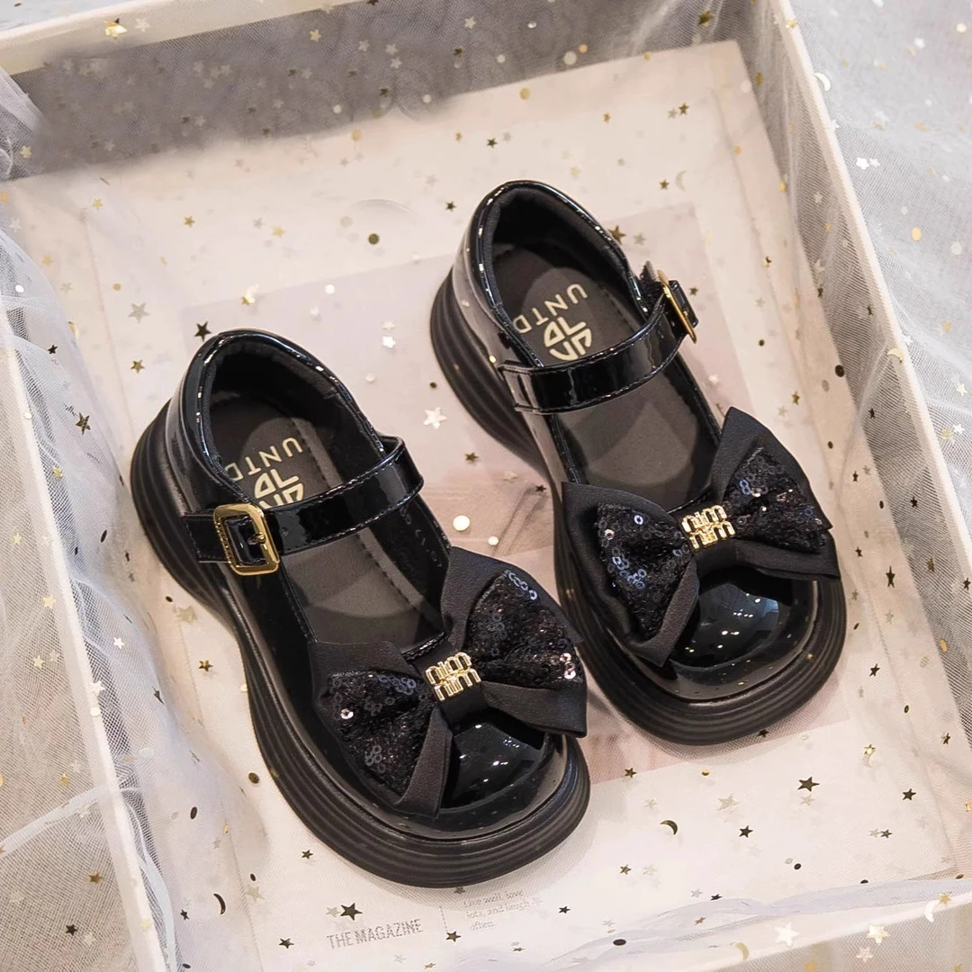 女童小皮鞋2025年春夏爆款女宝宝魔术贴玛丽珍单鞋学生蝴蝶结鞋子