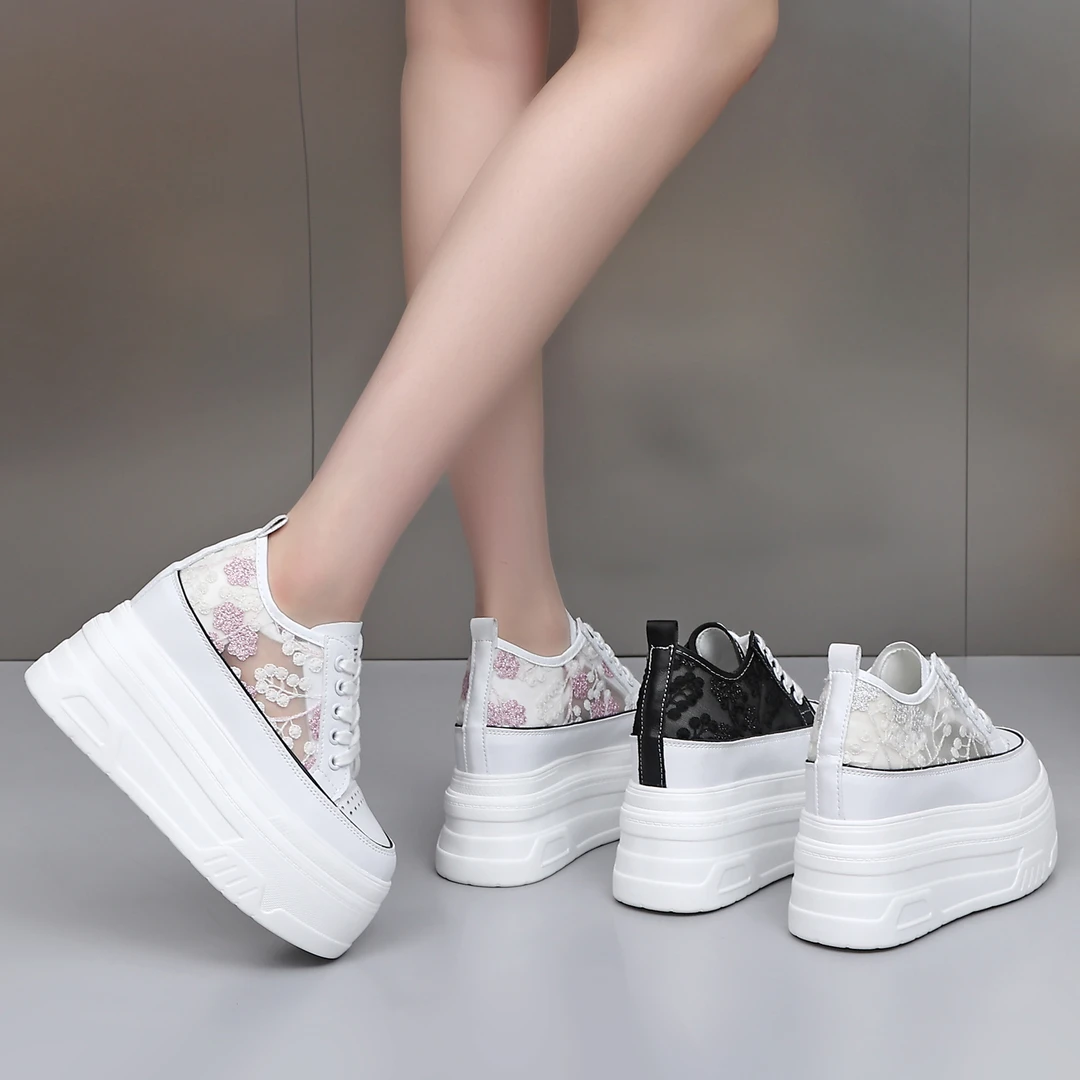 跟高10、12CM蕾丝网面透气厚底内增高小白鞋夏新款新款小个子女鞋