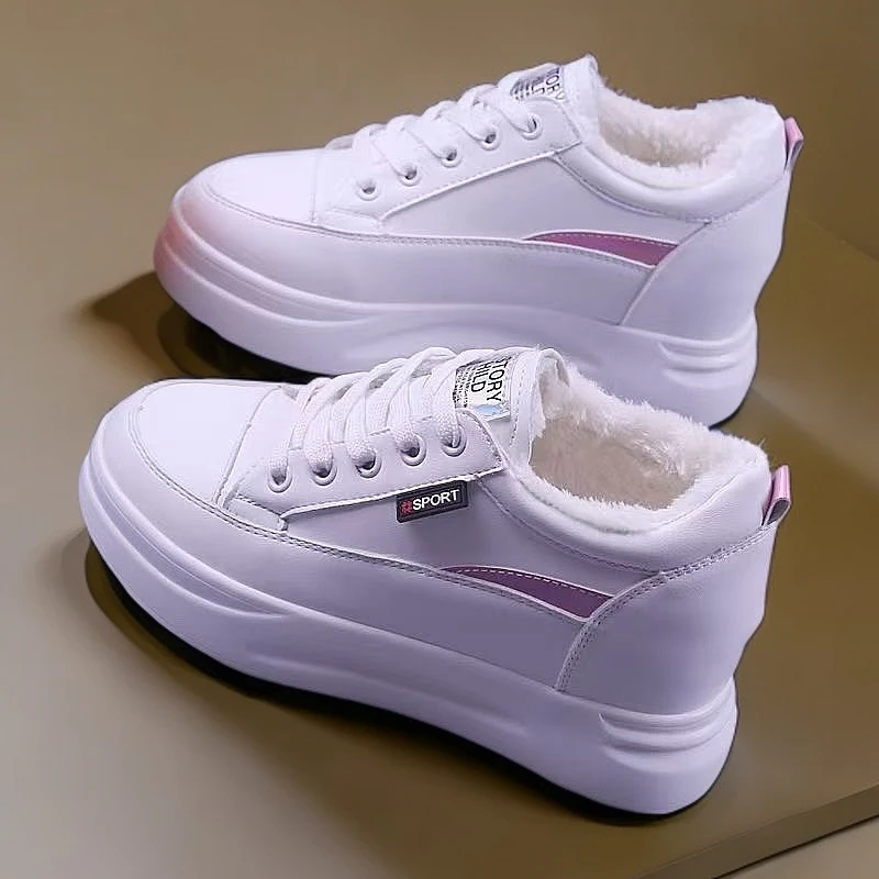 加绒内增高7cm皮面小白鞋女秋冬新款松糕厚底小个子韩版单鞋棉鞋