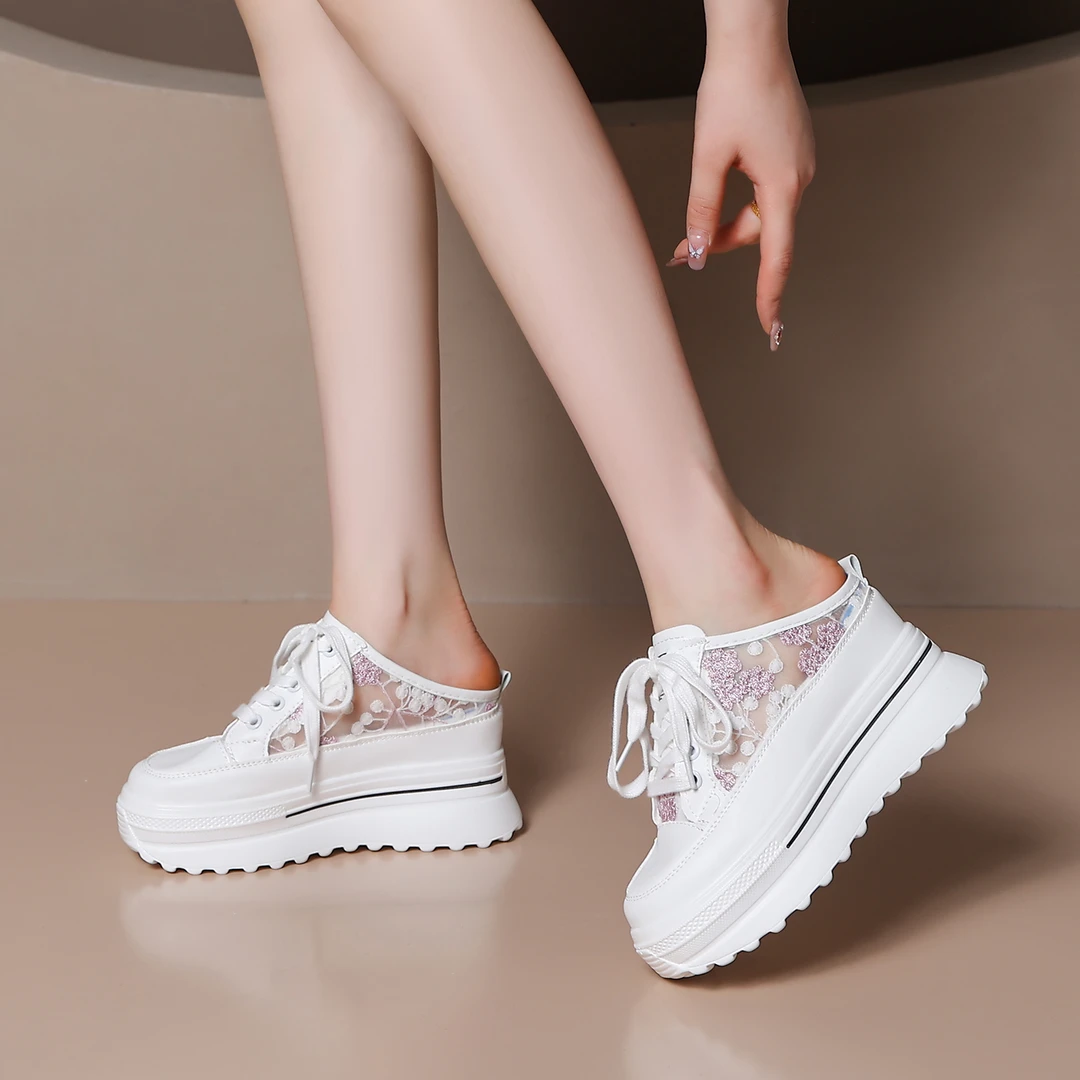 超高跟10cm蕾丝网布透气包头半拖夏季新款时尚厚底百搭休闲女网鞋