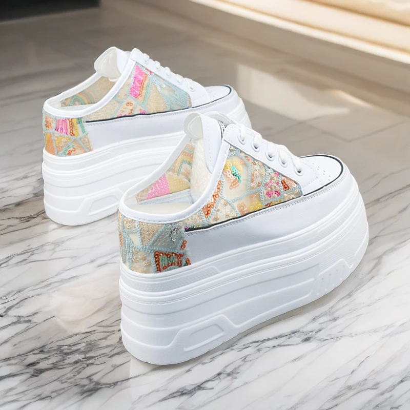 超高跟12cm亮片网纱透气外穿半拖鞋女夏新款松糕厚底小个子10CM鞋