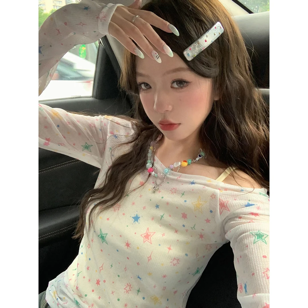 甜酷辣妹一字肩长袖上衣星星防晒罩衫+吊带套装T恤纯欲两件套女潮