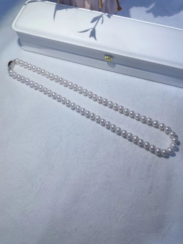 天然淡水珍珠项链7-8mm扁圆形妈妈链白亮无暇元宝扣经典